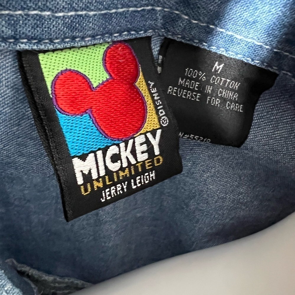 Vintage Mickey Mouse Unlimited Embroidered Button Up Denim Blue Jean Shirt - Picture 9 of 12